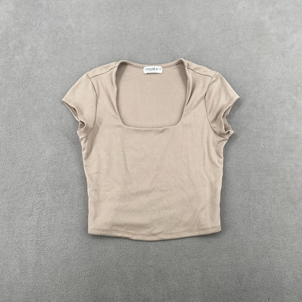 Popular 21 Crop Top Womens Medium Beige Stretch Ribbed Knit Square Neck Casual